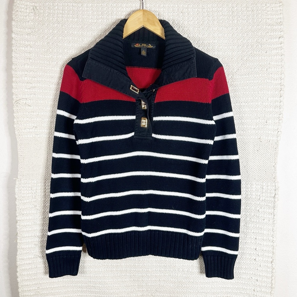 LAUREN RALPH LAUREN black and white striped quarter button up pullover sweater S